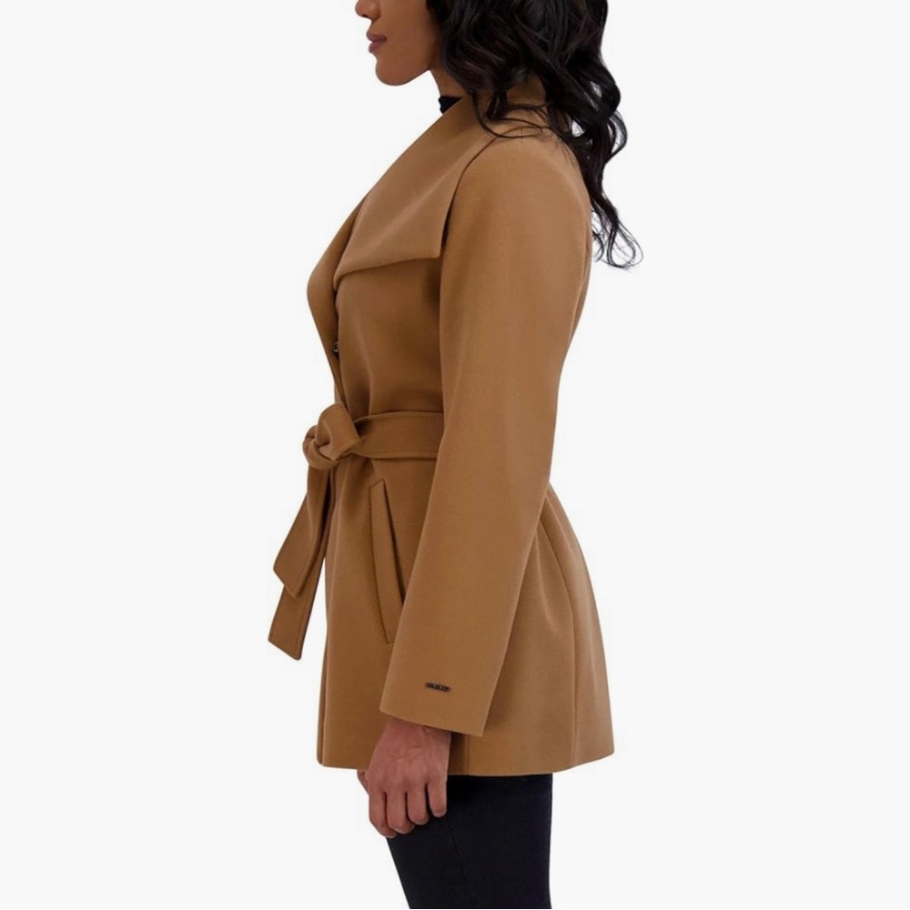 NWT Tahari Tan Camel Wide Collar Shawl Tie Belt Pea Wrap Coat Jacket Faux Wool S - Picture 5 of 15